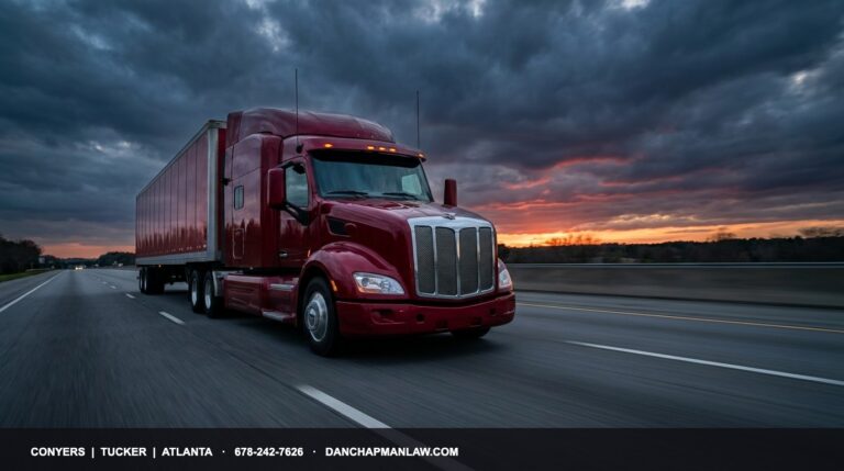 Red commercial 18-wheeler semi-truck driving on a Georgia interstate at dusk with dramatic storm clouds and sunset light — Dan Chapman & Associates Georgia truck accident attorneys