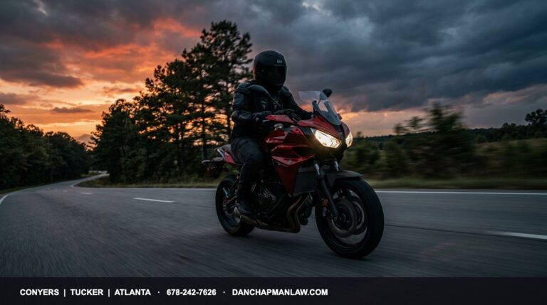 Motorcyclist in DOT-approved black helmet and dark jacket on a red sport-touring motorcycle riding a Georgia highway at dusk with dramatic sunset and storm clouds — Dan Chapman & Associates Georgia motorcycle accident attorneys