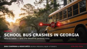 School bus stopped with red lights and stop arm extended on a Georgia residential street
