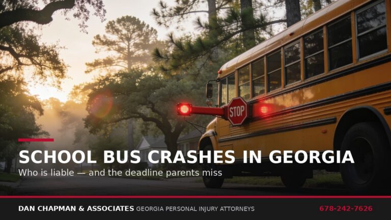 School bus stopped with red lights and stop arm extended on a Georgia residential street